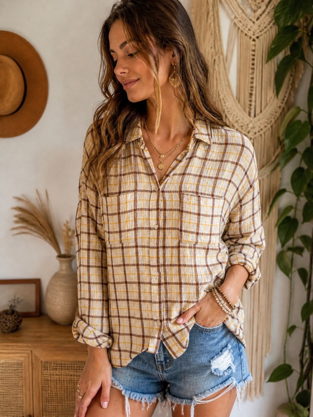 Wonderly Plaid Button Front Gauze Blouse Medium Cottagecore Boho Lightweight